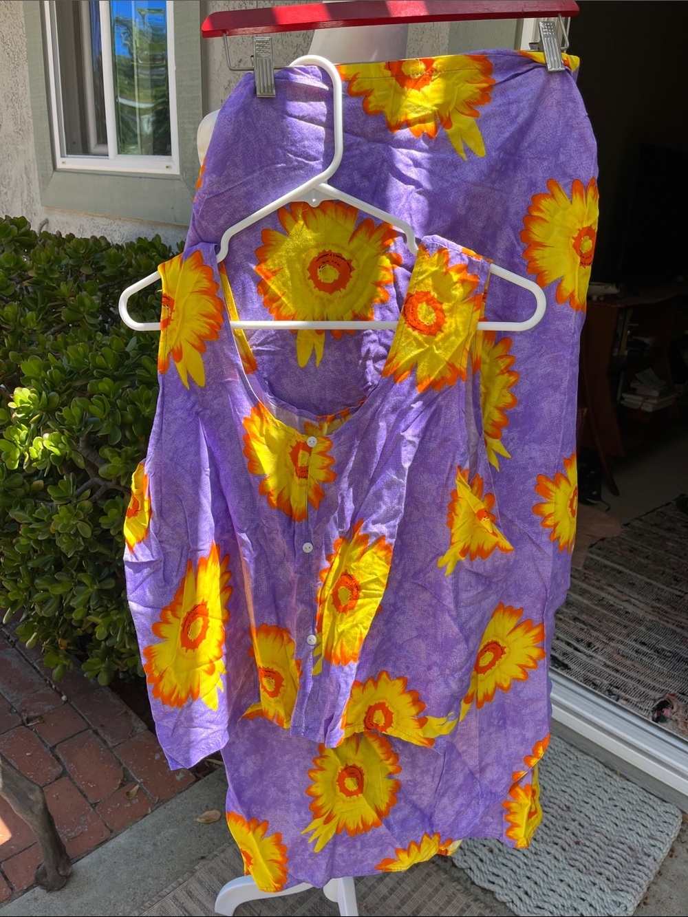Sunflower Print Purple Wrap Skirt and Tank Top Size M/L